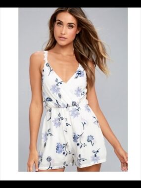 Lush White Romper with Blue Floral Print